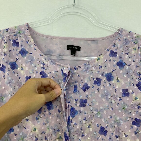 Talbots size XL Purple Blue Floral Swiss Dot Feminine Popover Blouse Office - Picture 3 of 10